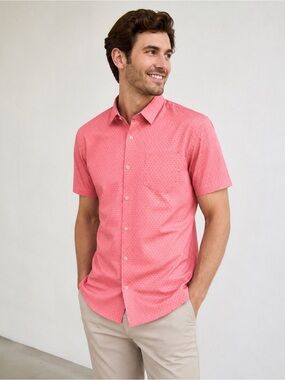 7DIAMONDS MENS PERFORMANCE SHORT SLEEVE BUTTON DOWN PINK CORAL MICRO PRINT XL